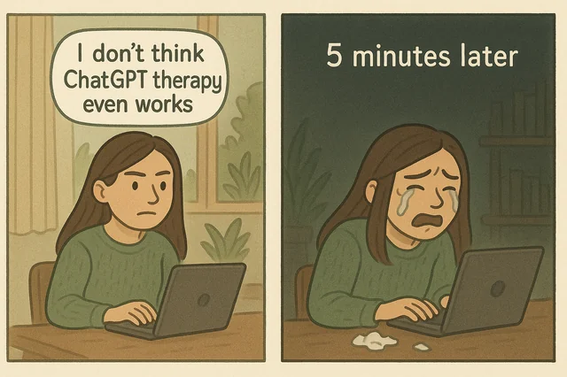 A four-panel comic from r/TherapyGPT about doubting AI therapy